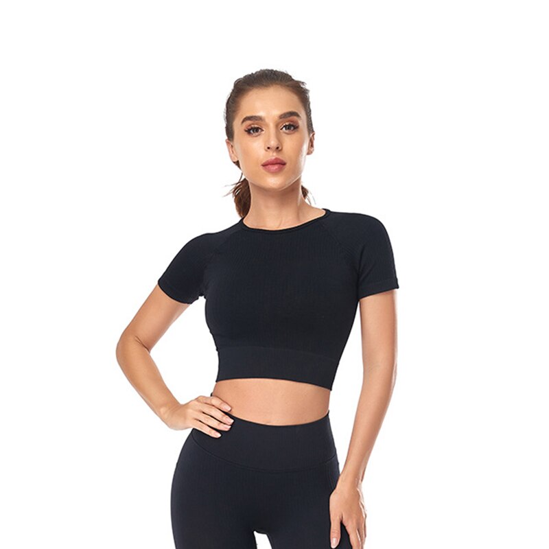 Women Yoga Shirts Short Sleeve Crop Top Gym Tops Fitness Running Workout Sport T-Shirts Sports Wear
