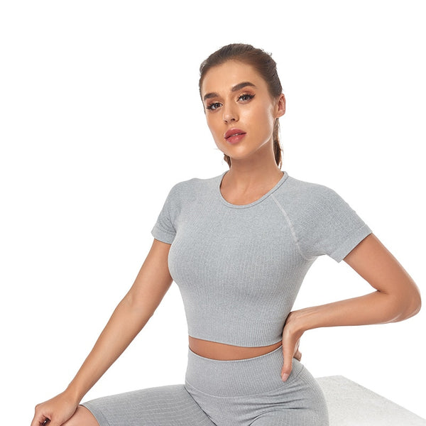 Women Yoga Shirts Short Sleeve Crop Top Gym Tops Fitness Running Workout Sport T-Shirts Sports Wear