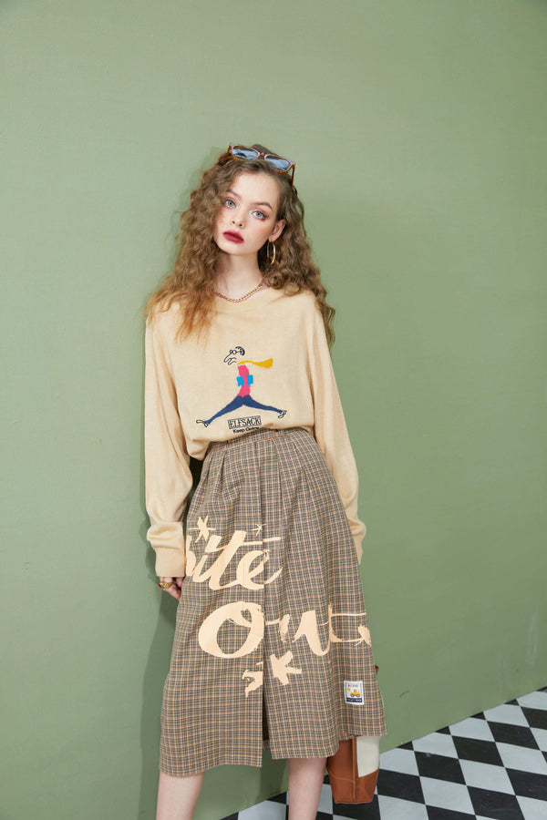 Letter Plaid High Waist Casual Women Midi Skirt,Autumn ELF Vintage,Korean Ladies Daily Bottom | Vimost Shop.