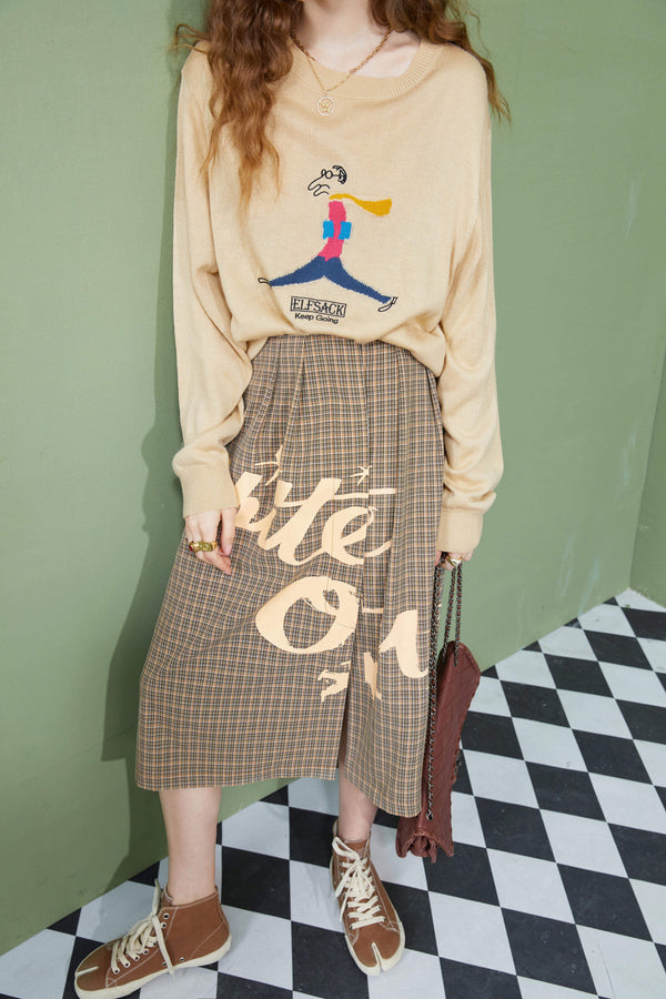 Letter Plaid High Waist Casual Women Midi Skirt,Autumn ELF Vintage,Korean Ladies Daily Bottom | Vimost Shop.