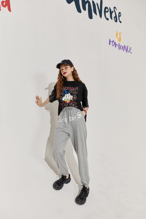 Solid Letter High Waist Straight Casual Women Harem Trouser,Autumn Chic Pure Korean Ladies Basic Daily Bottom | Vimost Shop.