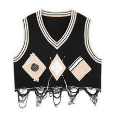 Graphic Applique Chic Casual Women Waistcoat,Autumn Chic Sleeveless Korean Office Ladies Daily Knitted Jackets