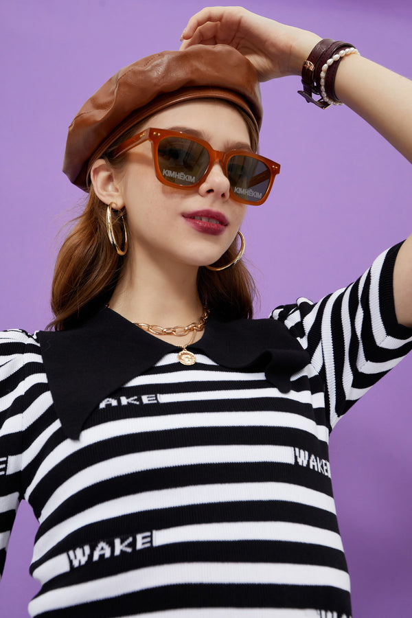 Striped Letter Women Casual Knit Pullover Sweaters,Summer Vintage Colorblock,Short Sleeve Girly Daily Knitwear | Vimost Shop.