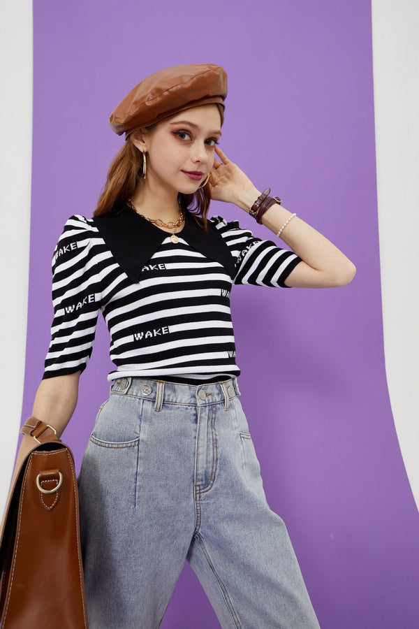 Striped Letter Women Casual Knit Pullover Sweaters,Summer Vintage Colorblock,Short Sleeve Girly Daily Knitwear | Vimost Shop.