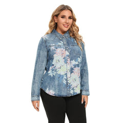 Women's Blouses Plus Size Denim Tops Shirt Summer Shirt Casual Sleeve Shirt Printed Woven Denim Long Sleeve Blouses