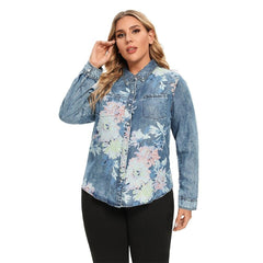 Women's Blouses Plus Size Denim Tops Shirt Summer Shirt Casual Sleeve Shirt Printed Woven Denim Long Sleeve Blouses