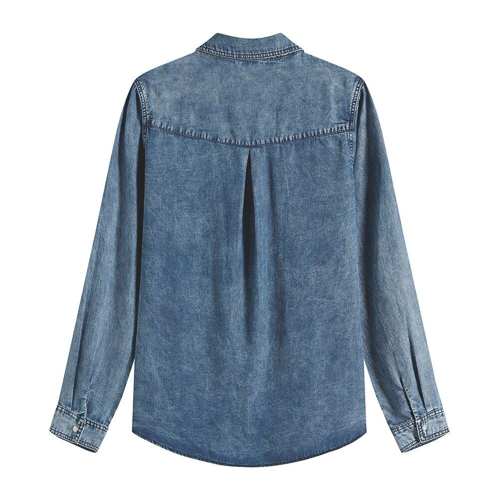 Women's Blouses Plus Size Denim Tops Shirt Summer Shirt Casual Sleeve Shirt Printed Woven Denim Long Sleeve Blouses