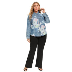 Women's Blouses Plus Size Denim Tops Shirt Summer Shirt Casual Sleeve Shirt Printed Woven Denim Long Sleeve Blouses