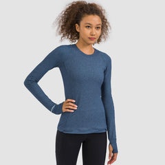 Hidden Zipper Pocket Yoga Workout Sport Pullover Women Thermal Nylon Crew Neck Nylon Running Gym Long Sleeved Shirts