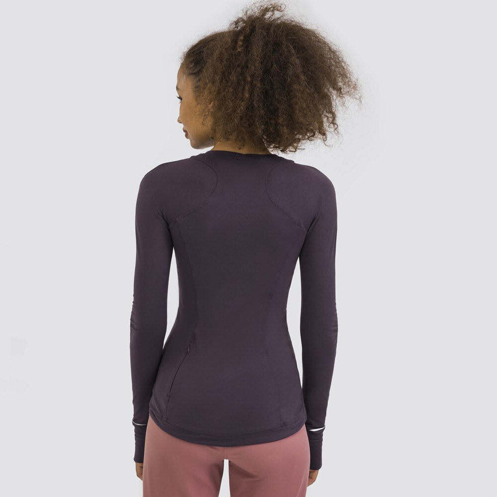 Hidden Zipper Pocket Yoga Workout Sport Pullover Women Thermal Nylon Crew Neck Nylon Running Gym Long Sleeved Shirts