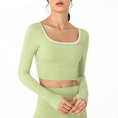 Hit Color Long Sleeved Sports Yoga Shirts Women Leisure Fitness Running Workout Cropped Tops Pullover with Built In Bra