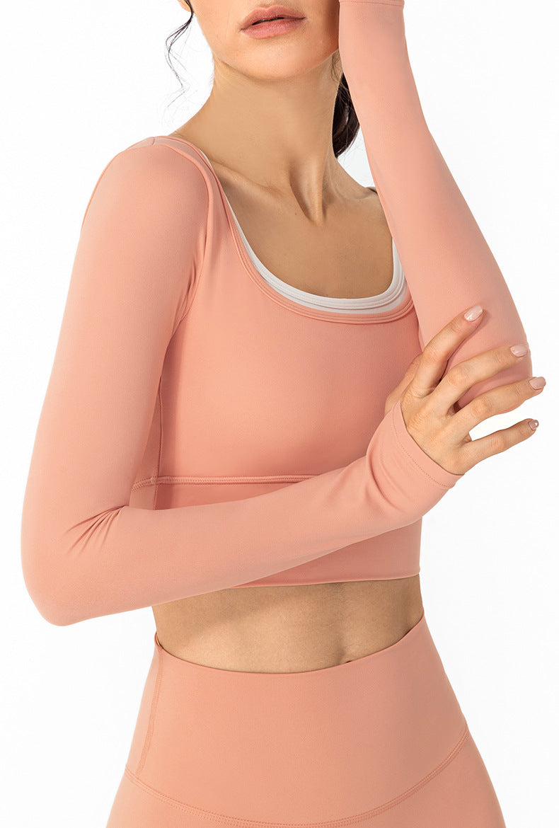 Hit Color Long Sleeved Sports Yoga Shirts Women Leisure Fitness Running Workout Cropped Tops Pullover with Built In Bra