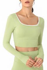 Hit Color Long Sleeved Sports Yoga Shirts Women Leisure Fitness Running Workout Cropped Tops Pullover with Built In Bra