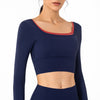 Hit Color Long Sleeved Sports Yoga Shirts Women Leisure Fitness Running Workout Cropped Tops Pullover with Built In Bra