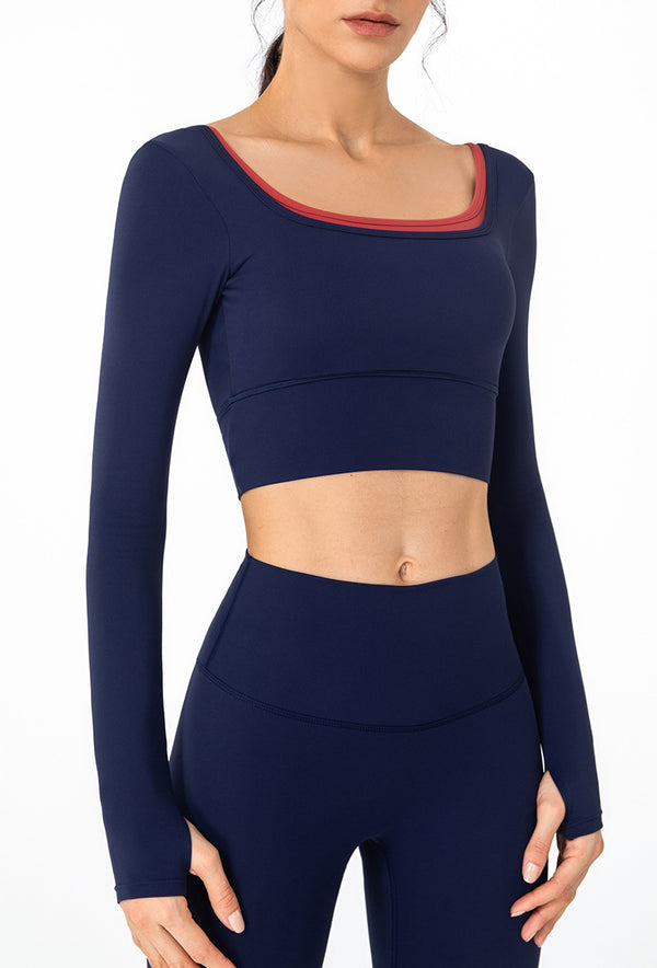 Hit Color Long Sleeved Sports Yoga Shirts Women Leisure Fitness Running Workout Cropped Tops Pullover with Built In Bra