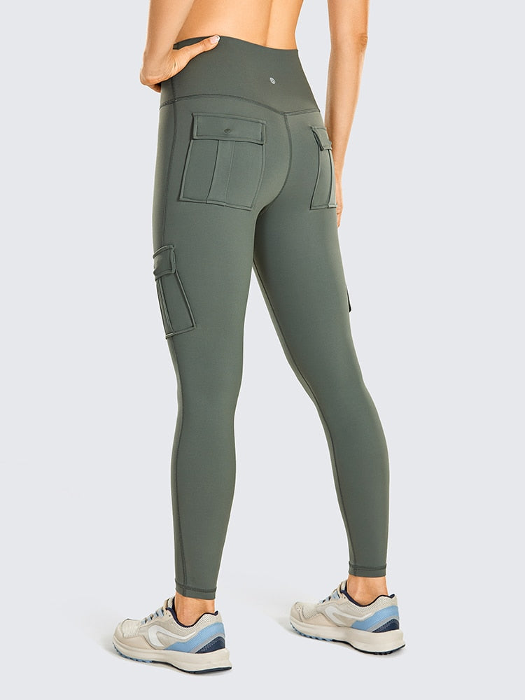 Women's Naked Feeling Cargo Workout Leggings 25 Inches - High Waisted Athletic Yoga Pants with 4 Pockets
