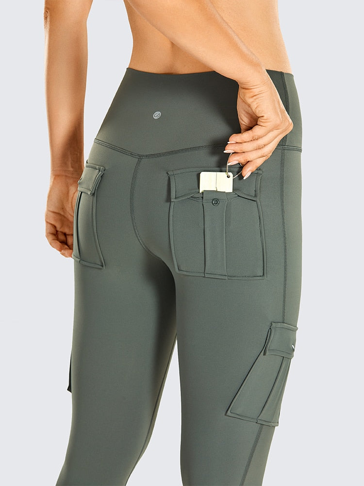 Women's Naked Feeling Cargo Workout Leggings 25 Inches - High Waisted Athletic Yoga Pants with 4 Pockets