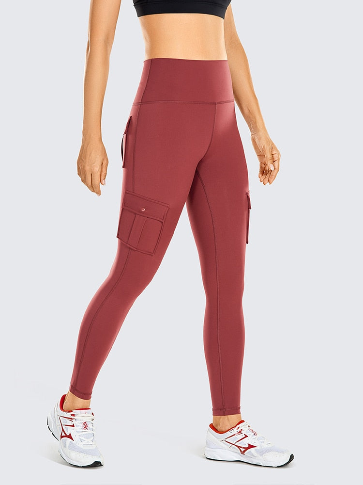 Women's Naked Feeling Cargo Workout Leggings 25 Inches - High Waisted Athletic Yoga Pants with 4 Pockets