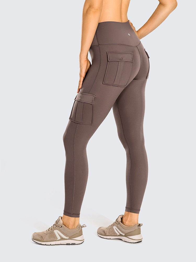 Women's Naked Feeling Cargo Workout Leggings 25 Inches - High Waisted Athletic Yoga Pants with 4 Pockets