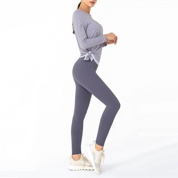 Leisure Side Tie Long Sleeve Fitness Sport Shirts Women Crew Neck Asymmetrical Hem Yoga Workout Pullover Tops S-XXL