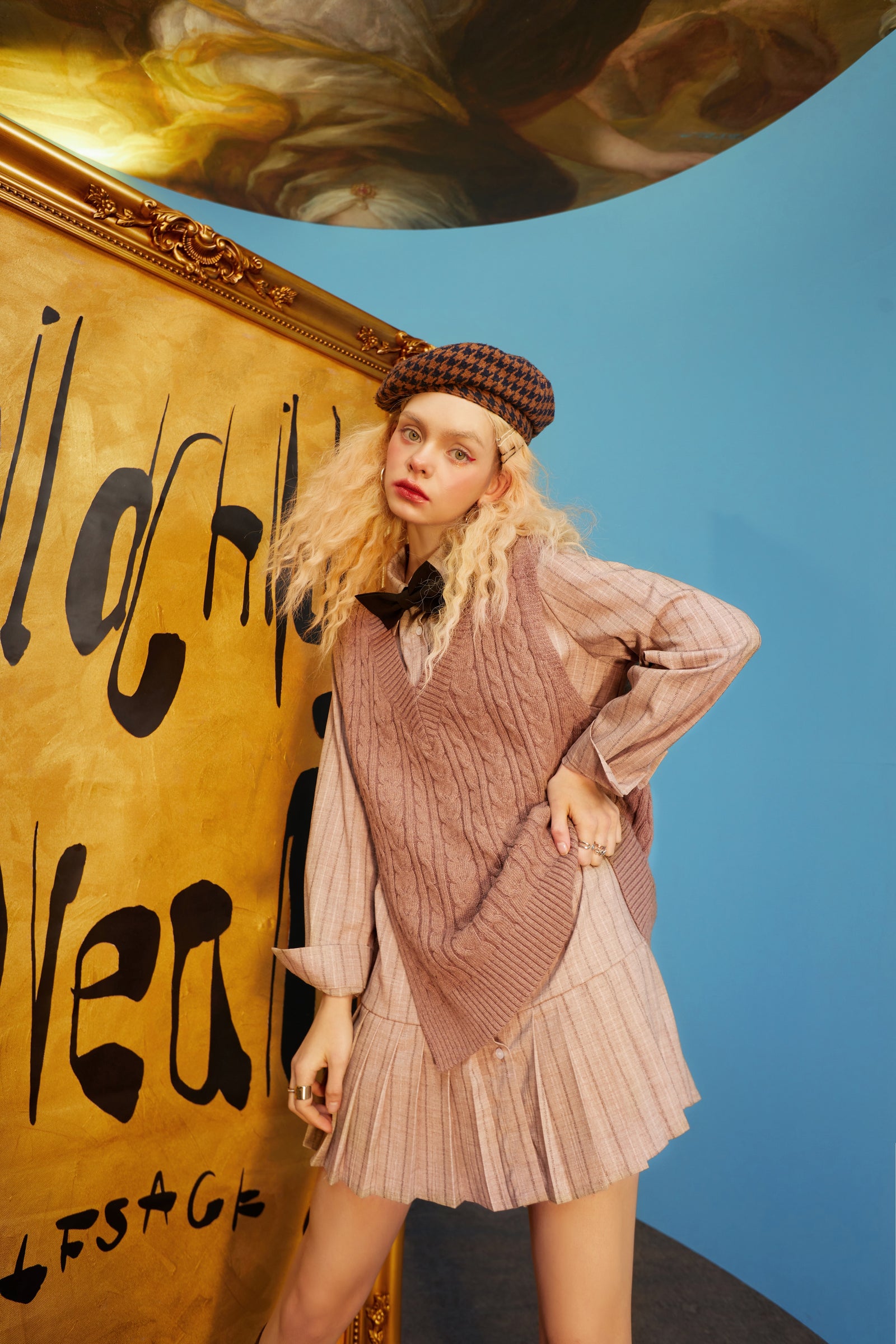 Solid Bows Front Knitted Casual Preppy Mini Dresses Women,Spring ELF Vintage High Wasit Ladies Daily 2-IN-1Dress