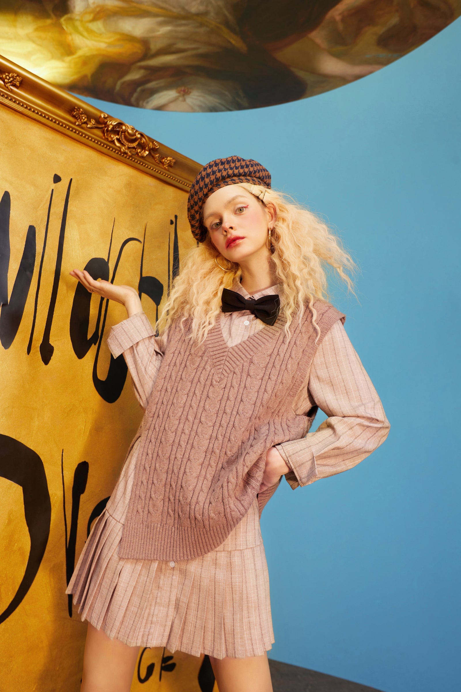 Solid Bows Front Knitted Casual Preppy Mini Dresses Women,Spring ELF Vintage High Wasit Ladies Daily 2-IN-1Dress