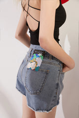 Solid Cartoon Applique Raw Hem Women Casual Denim Shorts,Spring ELF Pure High Waist,Ladies Basic Daily Bottoms