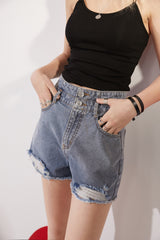 Solid Cartoon Applique Raw Hem Women Casual Denim Shorts,Spring ELF Pure High Waist,Ladies Basic Daily Bottoms