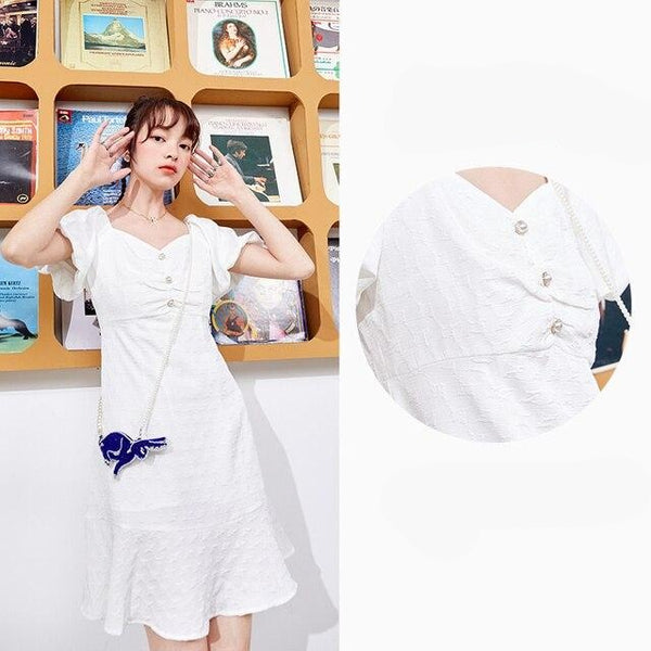 Solid Pure Casual Chic Button Party Dresses Women,Spring Backless Vintage Puff Sleeve Ladies Daily Summer Dress