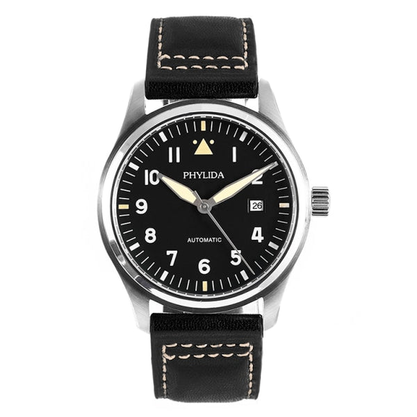 42mm Black Dial Spitfire Pilot's Watch 5ATM JAPAN MIYOTA Automatic Domed Sapphire Crystal Lumed Genuine Leather Strap PHYLIDA