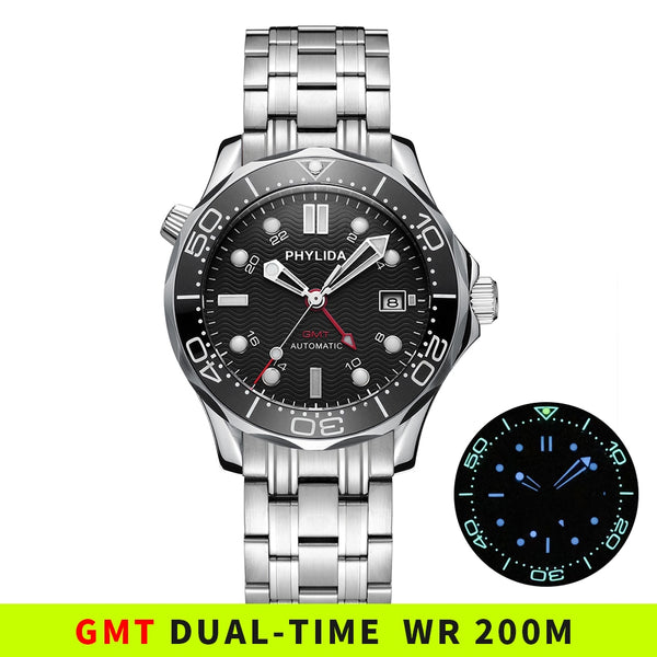 High Quality 20ATM Water Resistant GMT Black Wave Dial Automatic Men's Watch Sapphire Crystal Master DIVER 300M Lume Bezel