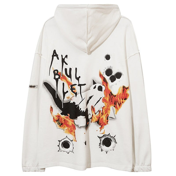 Hoodies Men Hit Color Melted Letter Flame Hole Print Pullovers College Style Harajuku Zipper Outwear Couple Streetwear