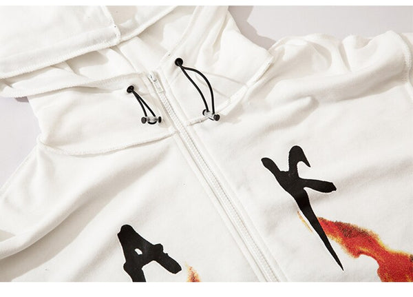 Hoodies Men Hit Color Melted Letter Flame Hole Print Pullovers College Style Harajuku Zipper Outwear Couple Streetwear