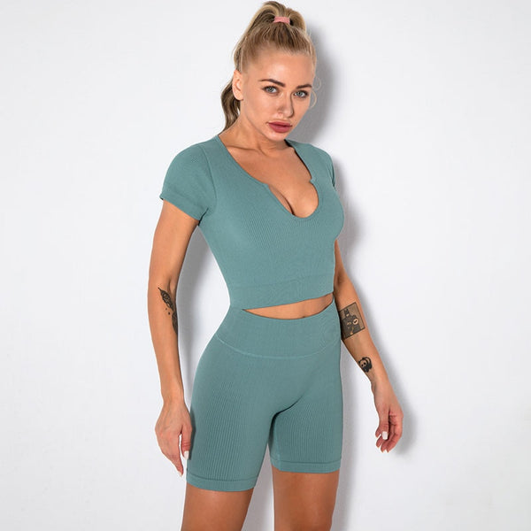 Seamless Yoga Set Women Gym Fitness Short Sleeve Crop Top Bra Workout Clothes High Waist Shorts Sportswear Sports Suits