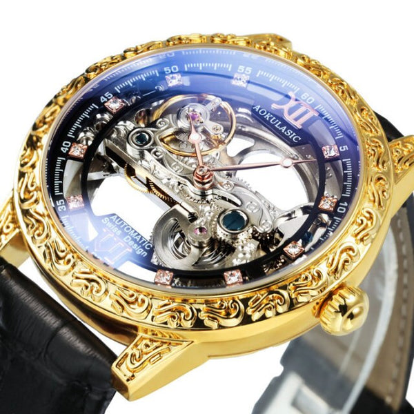 Fashion Transparent Skeleton Luxury Watch for Men Mechanical Carved Case Golden Bridge Crystal Dial Leather Strap Clock relogio