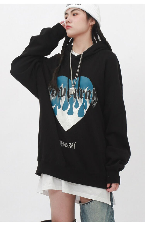 Hooded Hoodie Men Heart Print High Street Harajuku Style Pullover Couple Casual All-match Sweatshirts Winter Streetwear