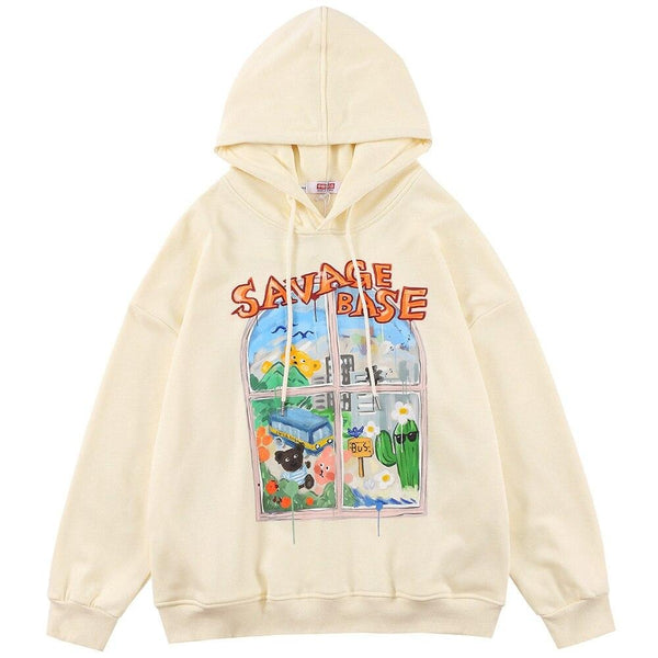 Hoodie Men Colorful Painting Floral Bear Hooded Pullover Japanese College Style Hipster Sweatshirt Oversized Streetwear