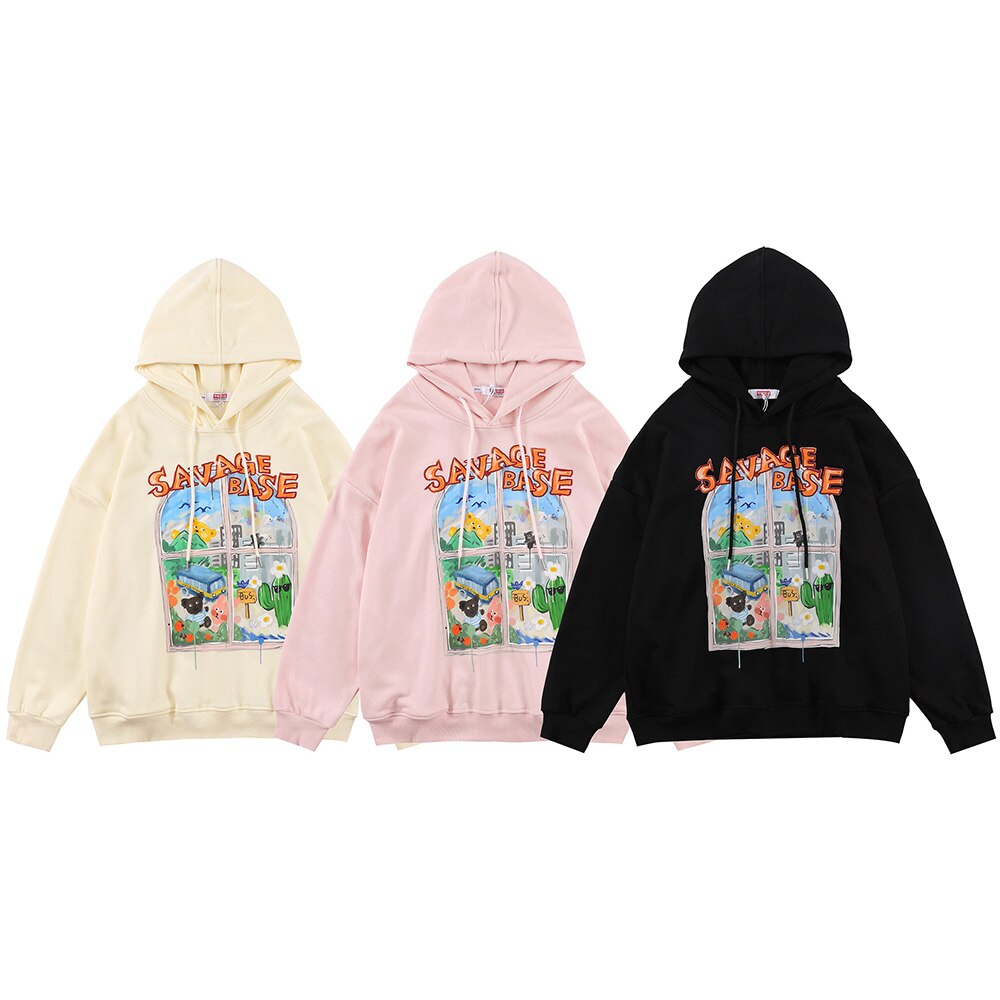 Hoodie Men Colorful Painting Floral Bear Hooded Pullover Japanese College Style Hipster Sweatshirt Oversized Streetwear