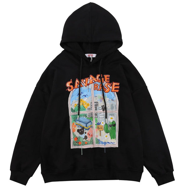 Hoodie Men Colorful Painting Floral Bear Hooded Pullover Japanese College Style Hipster Sweatshirt Oversized Streetwear