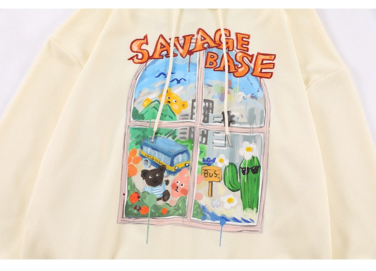 Hoodie Men Colorful Painting Floral Bear Hooded Pullover Japanese College Style Hipster Sweatshirt Oversized Streetwear