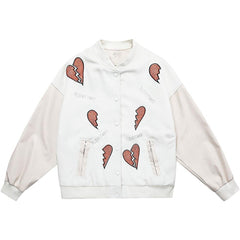 Jacket Men Diamonds Broken Heart Leather Patchwork Sleeve Baseball Coat Hip Hop Outwear Fashion Casual Loose Streetwear