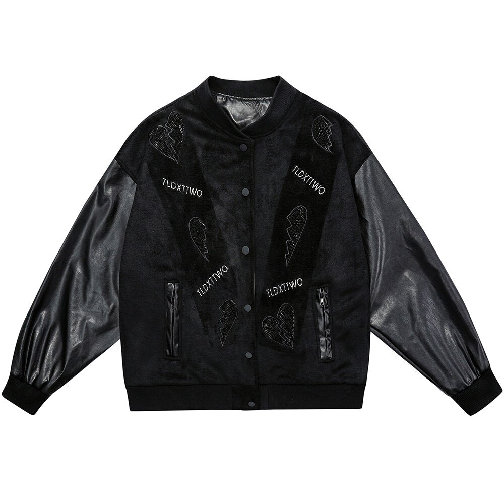 Jacket Men Diamonds Broken Heart Leather Patchwork Sleeve Baseball Coat Hip Hop Outwear Fashion Casual Loose Streetwear