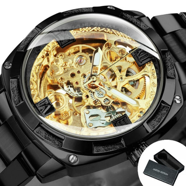 Transparent Skeleton Gold Watch for Men Mechanical Wristwatches Vintage Engraved Automatic Watches Mens Steel