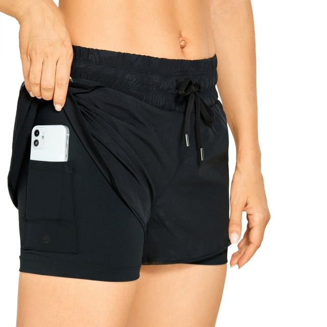 Workout Running Shorts Women with Liner 2 in 1 Athletic Sports Shorts with Zip Pocket- 3 inches
