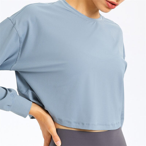 Loose Fit Long Sleeve Crop Top Cropped Sweatshirt Round Neck Workout Shirts Sports Gym Yoga Tshirt T-shirt