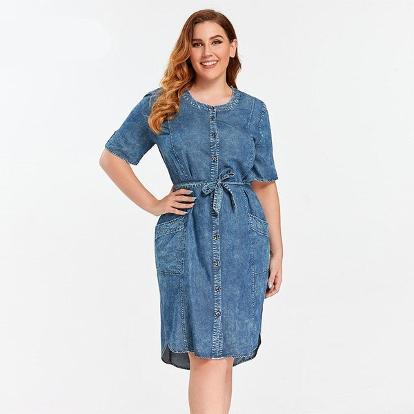 Women's Plus Size Denim Dress Summer Slim Fit Dress Casual Dress Woven Denim Short Sleeve -LengtKneeh with Sashes