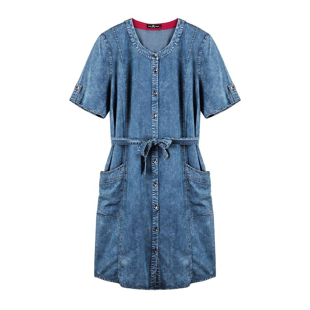 Women's Plus Size Denim Dress Summer Slim Fit Dress Casual Dress Woven Denim Short Sleeve -LengtKneeh with Sashes