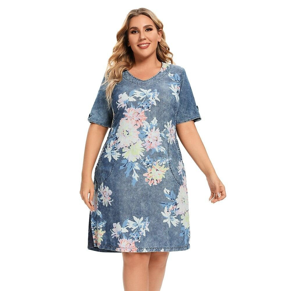 Women's Plus Size Denim Dress Summer Slim Fit Dress Casual Dress Printed Woven Denim Short Sleeve Knee-Length
