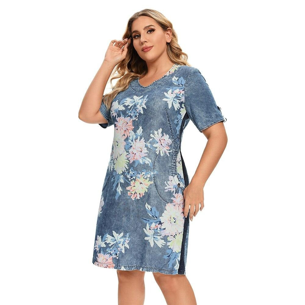 Women's Plus Size Denim Dress Summer Slim Fit Dress Casual Dress Printed Woven Denim Short Sleeve Knee-Length
