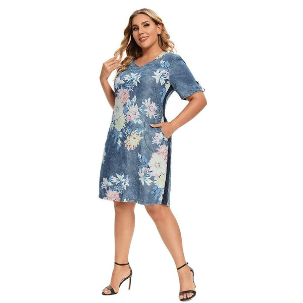 Women's Plus Size Denim Dress Summer Slim Fit Dress Casual Dress Printed Woven Denim Short Sleeve Knee-Length